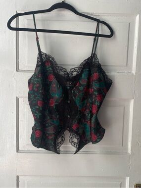 delicates Black Floral Lace Trim Camisole with Red & Green Accents